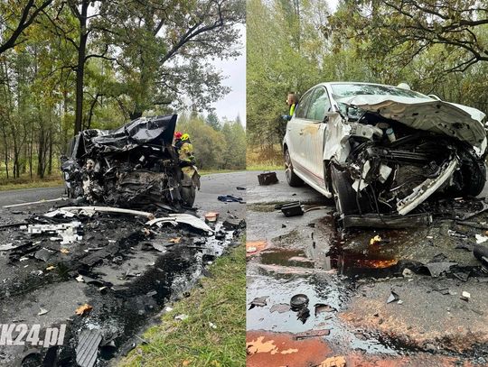 Czołówka dwóch volkswagenów w Goszycach. Na miejscu lądował śmigłowiec Lotniczego Pogotowia Ratunkowego