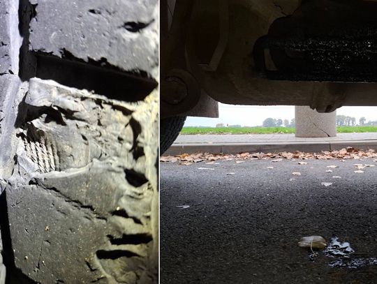 Fatalny stan ciężarówki na DK 40. Nieszczelne hamulce, wycieki i łyse opony