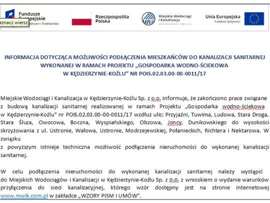 Informacja MWiK dotycząca możliwości podłączenia mieszkańców do kanalizacji sanitarnej