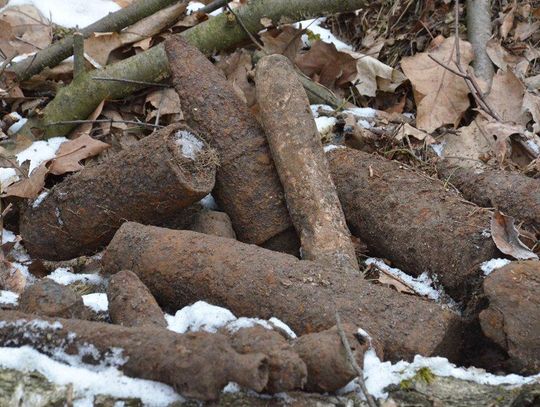 Ktoś wykopał pociski artyleryjskie i zostawił je w pobliżu leśnej ścieżki. ZDJĘCIA