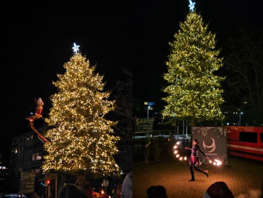 Mikołaj na zwyżce, świąteczna parada i Teatr Ognia. Mieszkańcy osiedla Piastów-Powstańców Śląskich wspólnie rozświetlili choinkę