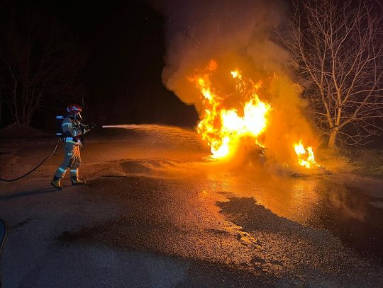 Nocny pożar samochodu w Koźlu. Na miejscu pracowali strażacy i policjanci. ZDJĘCIA
