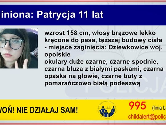 Policja ogłosiła Child Alert. Zaginęła 11-letnia dziewczynka z sąsiedniego powiatu. Możliwe zagrożenie zdrowia i życia