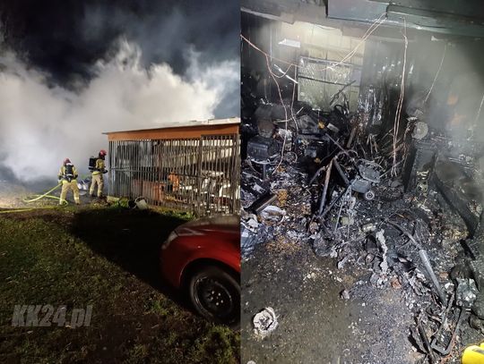 Pożar blaszanego garażu w Dziergowicach. W środku butla z gazem
