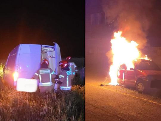 Pożar samochodu osobowego na Wyspie i dachowanie busa na drodze krajowej nr 45. ZDJĘCIA