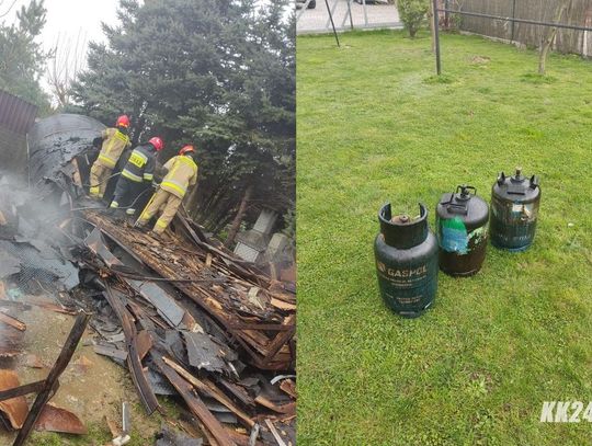 Strażacy wydobyli trzy butle z gazem z płonącej przyczepy. Pożar w Bierawie