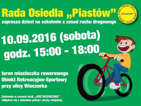 Szkolenie dla najmłodszych z zasad ruchu drogowego w miasteczku rowerowym na  osiedlu Piastów