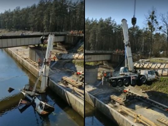 Udało się wyciągnąć dźwig, który wpadł do Kanału Gliwickiego. Skomplikowana operacja. WIDEO