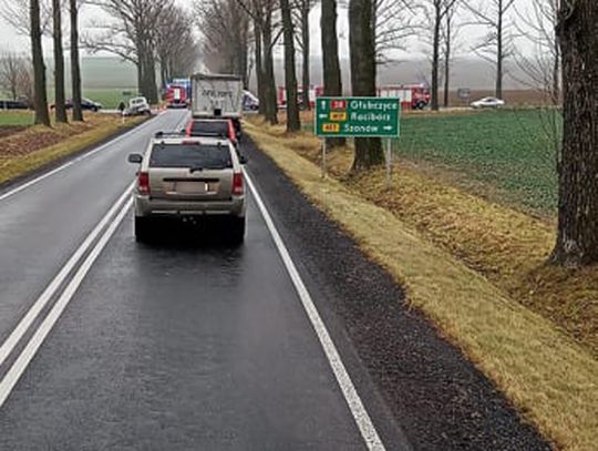 Wypadek z udziałem dwóch samochodów na drodze krajowej nr 38. Strażacy uwalniali osobę zakleszczoną w pojeździe