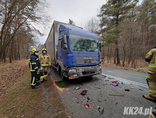 Zderzenie dwóch ciężarówek na drodze wojewódzkiej. Służby na miejscu, są utrudnienia w ruchu