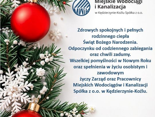 Życzenia bożonarodzeniowe i noworoczne Miejskich Wodociągów i Kanalizacji dla Czytelników KK24.pl