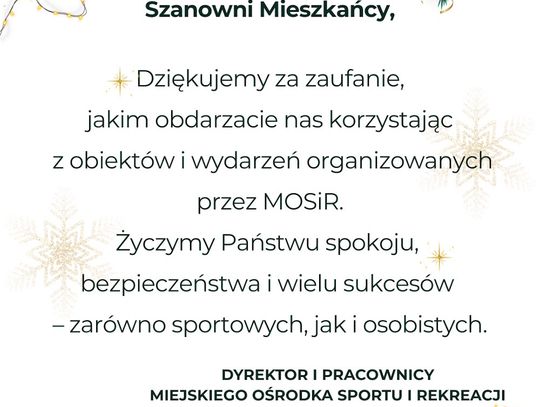 Życzenia świąteczne i noworoczne Miejskiego Ośrodka Sportu i Rekreacji dla Czytelników KK24.pl
