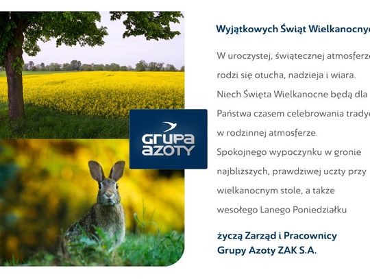 Życzenia wielkanocne zarządu i pracowników Grupy Azoty ZAK S.A. dla Czytelników KK24.pl