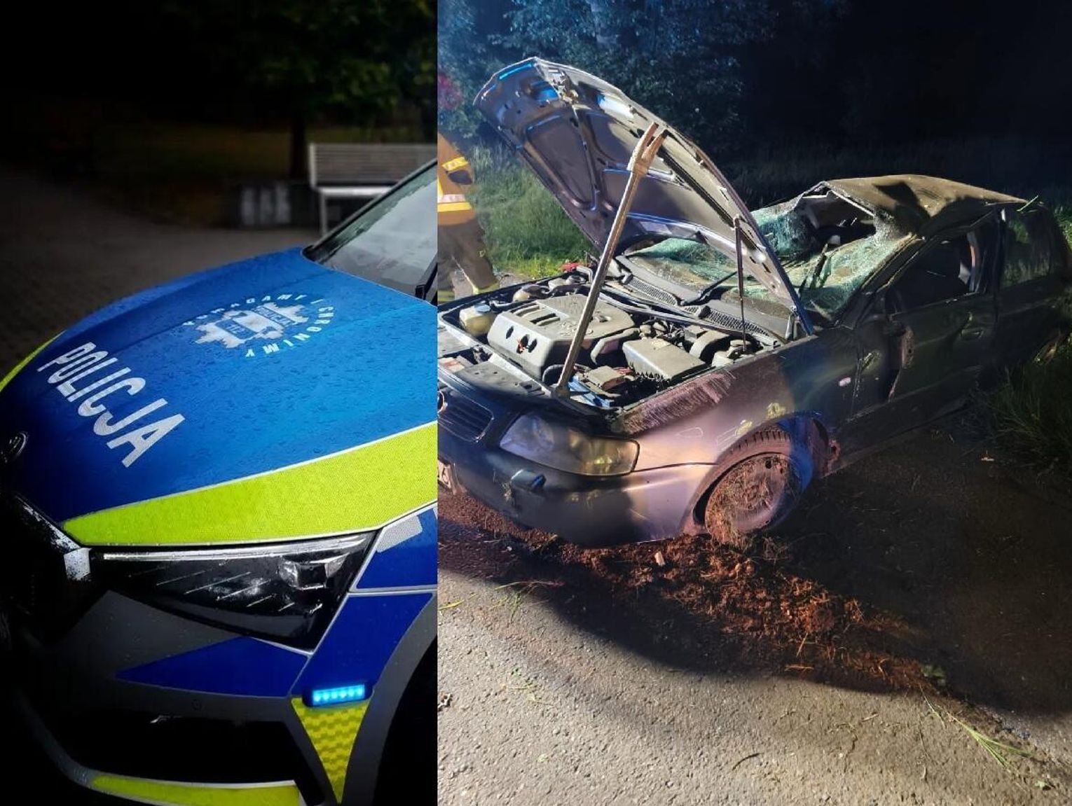 Dachowanie audi na trasie Bierawa - Cisek. Jedna osoba trafiła do szpitala