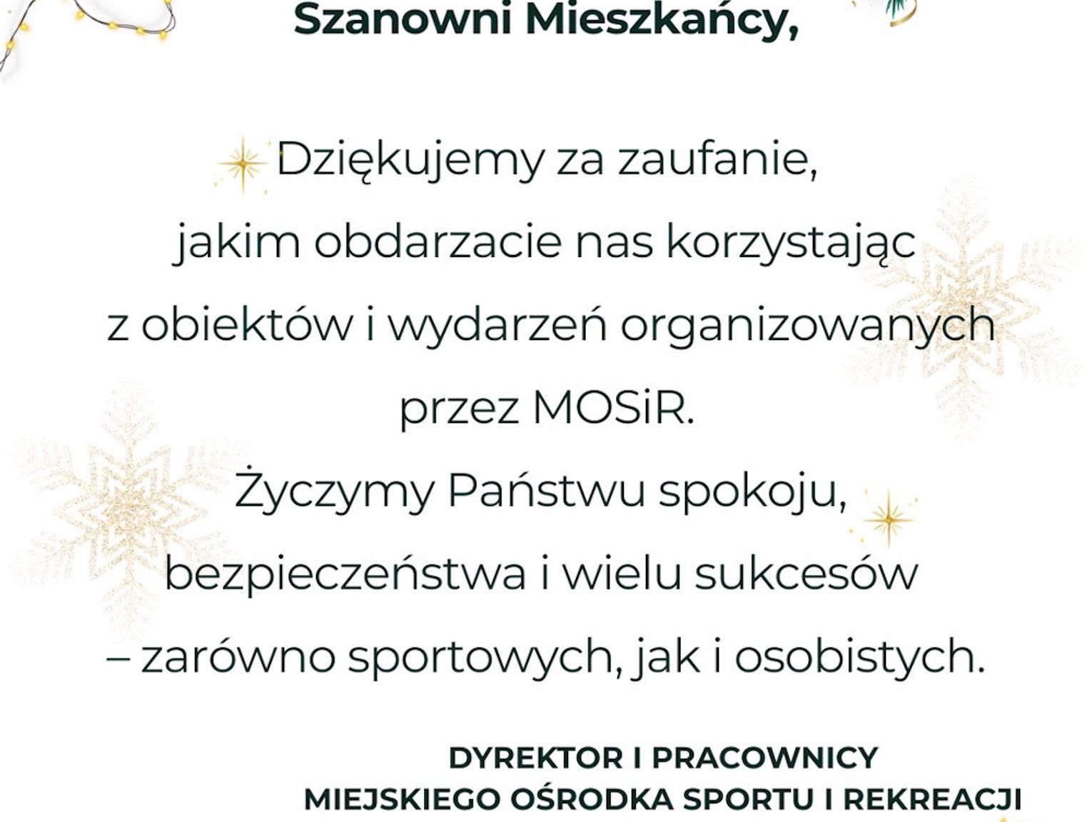 Życzenia świąteczne i noworoczne Miejskiego Ośrodka Sportu i Rekreacji dla Czytelników KK24.pl