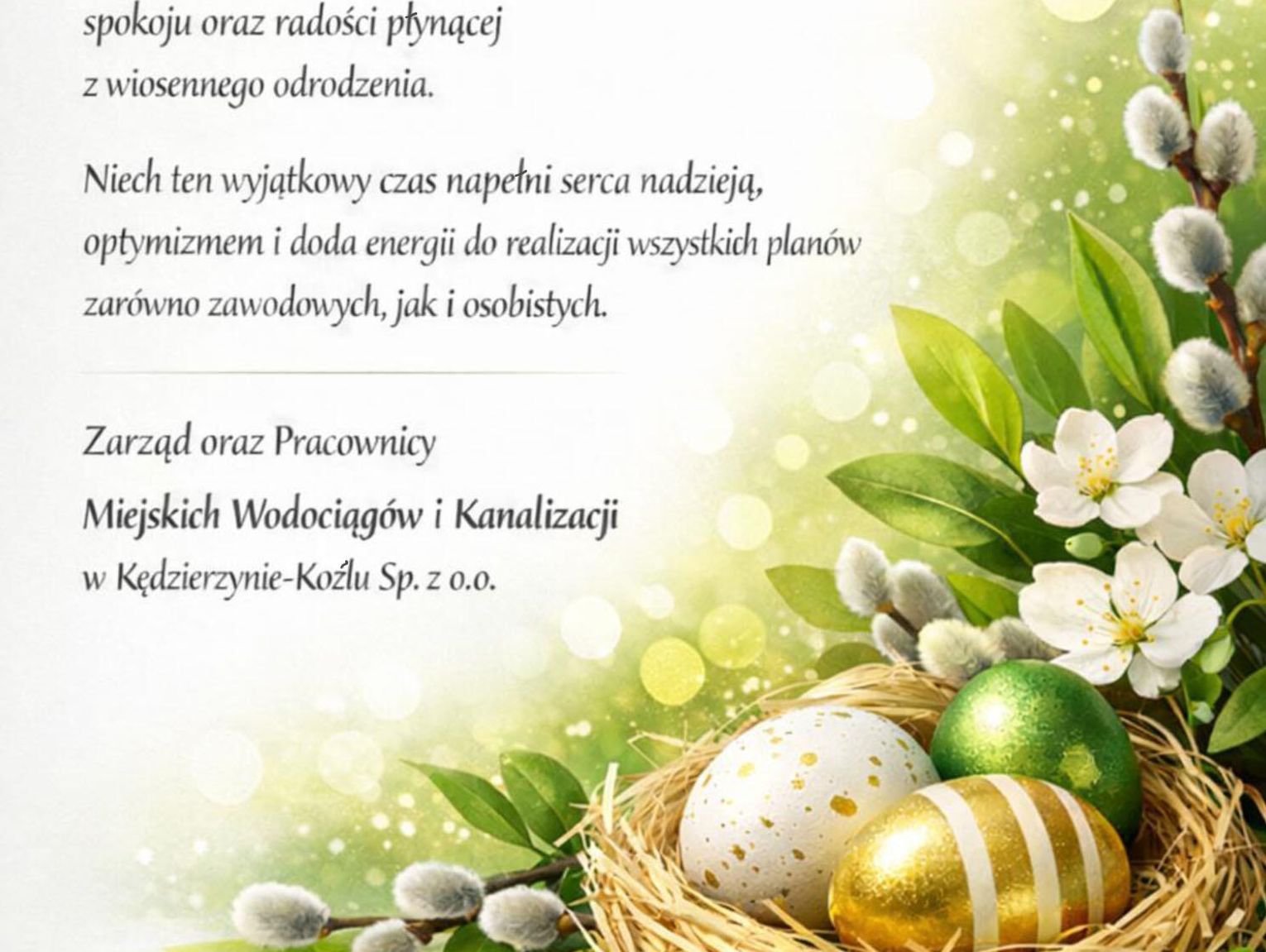 Życzenia wielkanocne spółki Miejskie Wodociągi i Kanalizacja dla Czytelników KK24.pl