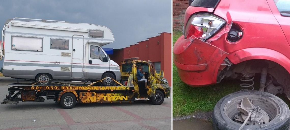 Camper zderzył się z osobowym oplem. Kolizja na drodze krajowej nr 45. ZDJĘCIA