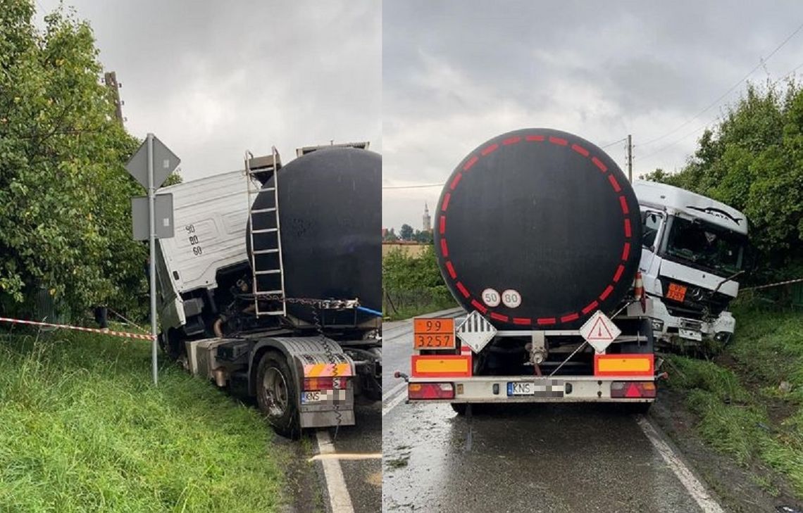 Ciężarówka "złamała się" po zjechaniu na pobocze. Utrudnienia na drodze krajowej nr 45 w Ciężkowicach