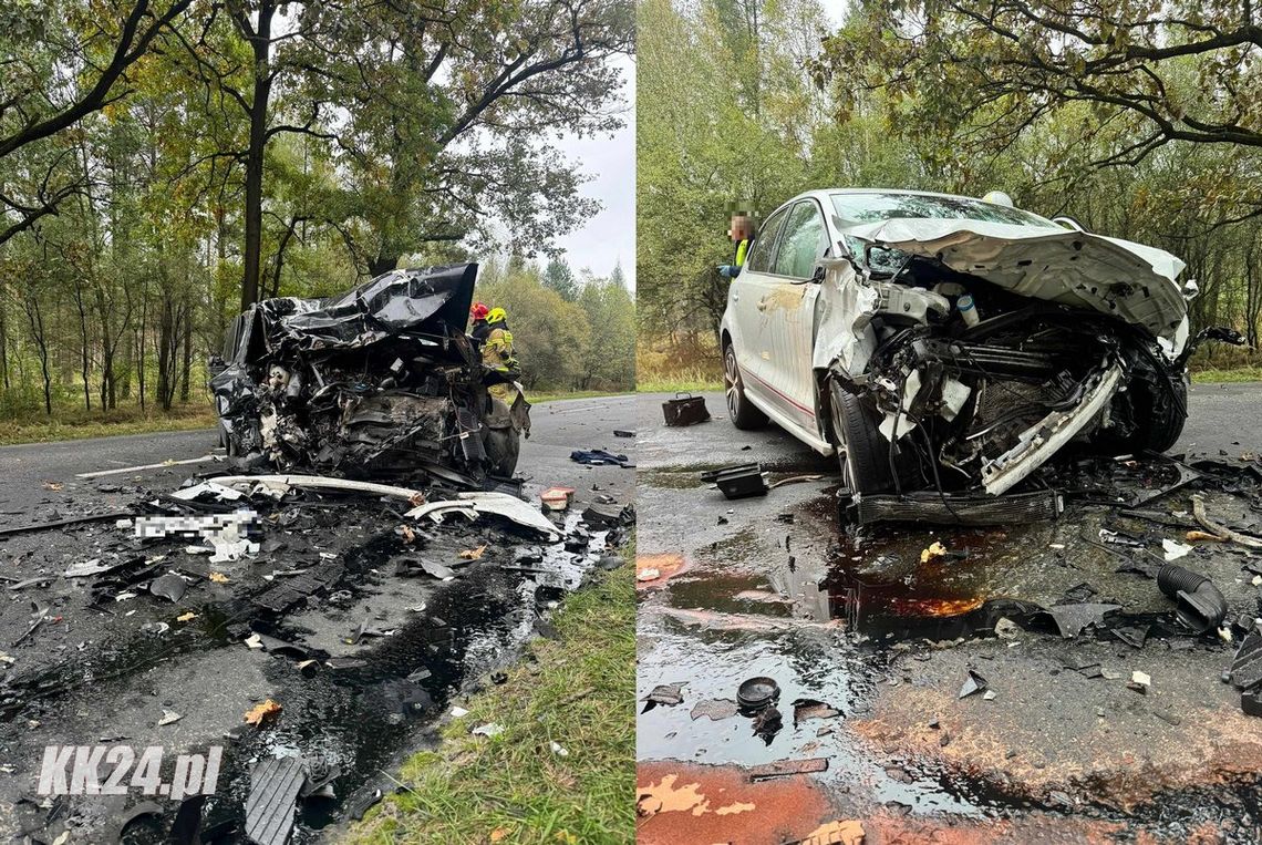 Czołówka dwóch volkswagenów w Goszycach. Na miejscu lądował śmigłowiec Lotniczego Pogotowia Ratunkowego