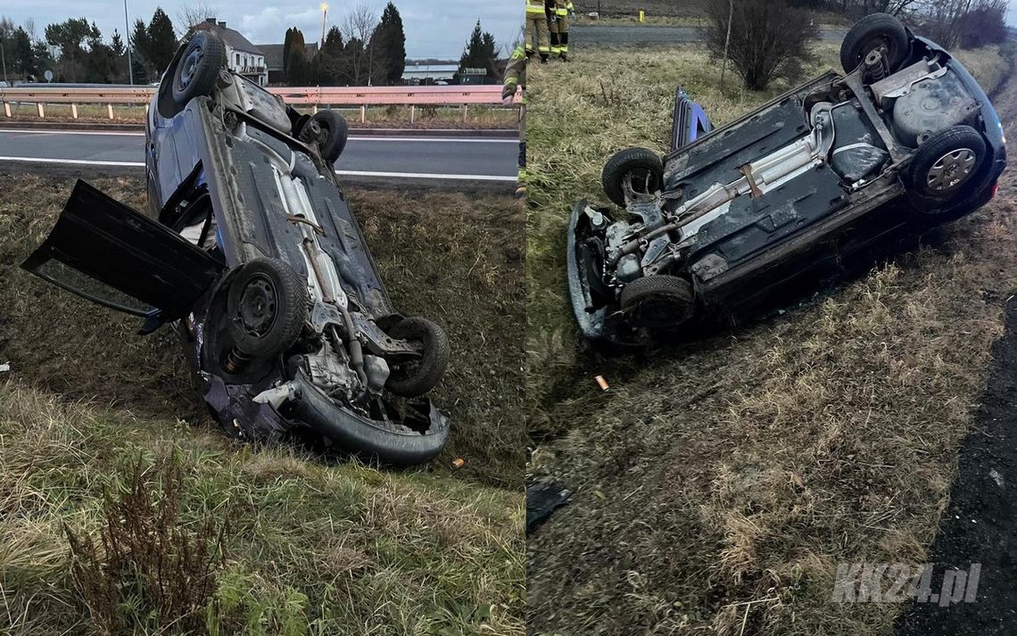 Dachowanie na Drodze Krajowej nr 45 w Poborszowie. Kierowca trafił do szpitala