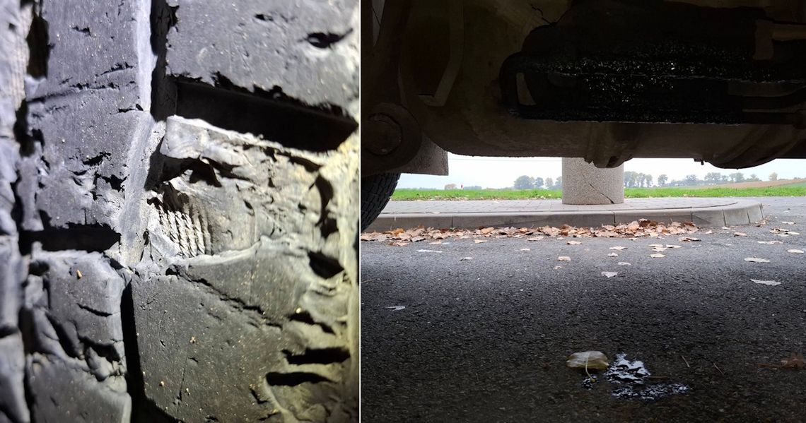 Fatalny stan ciężarówki na DK 40. Nieszczelne hamulce, wycieki i łyse opony Fatalny stan ciężarówki na DK 40. Nieszczelne hamulce, wycieki i łyse opony