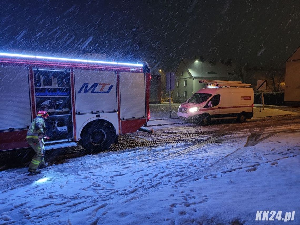 Mokry śnieg zalega na drzewach i liniach energetycznych. Strażacy dwa razy wyjeżdżali do zerwanych kabli