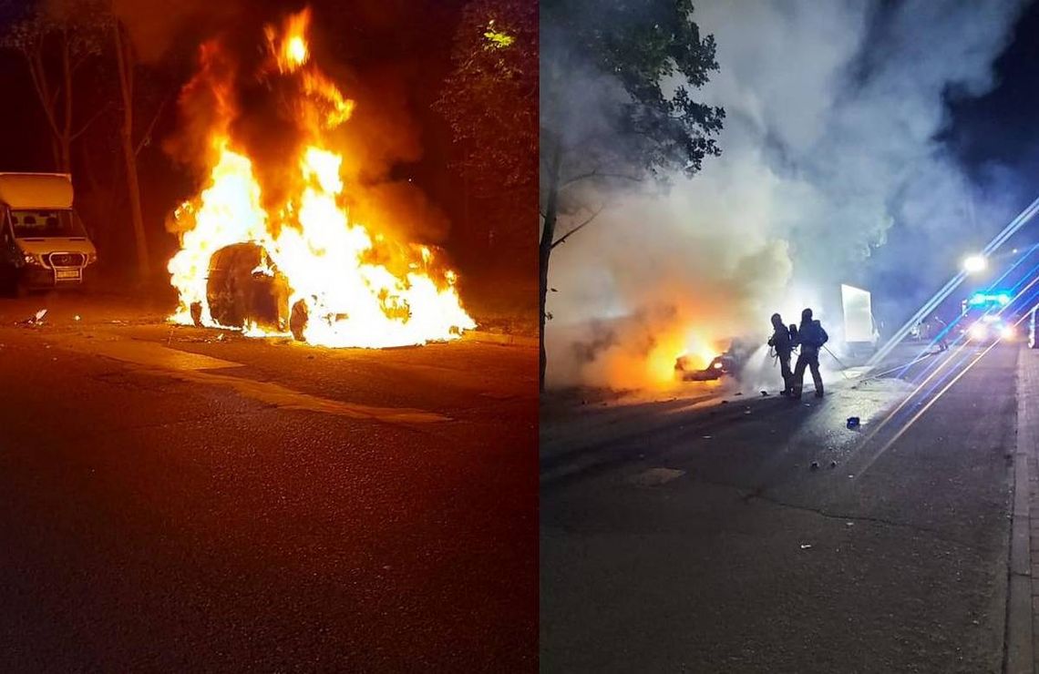 Nocny pożar samochodu na Pogorzelcu. Mercedes spłonął doszczętnie