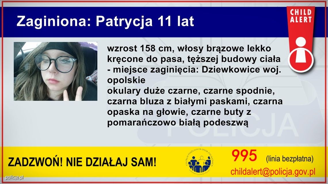 Policja ogłosiła Child Alert. Zaginęła 11-letnia dziewczynka z sąsiedniego powiatu. Możliwe zagrożenie zdrowia i życia