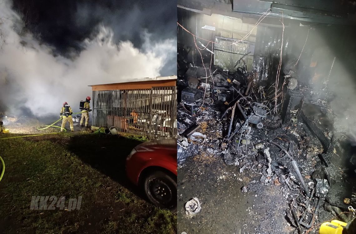 Pożar blaszanego garażu w Dziergowicach. W środku butla z gazem