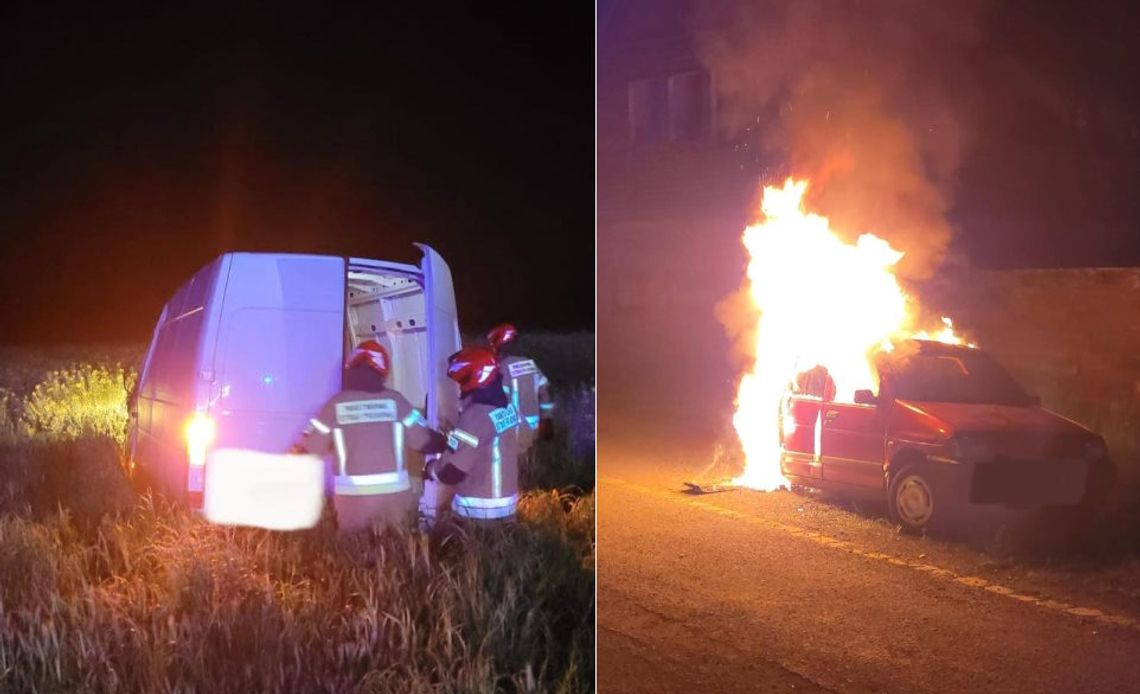 Pożar samochodu osobowego na Wyspie i dachowanie busa na drodze krajowej nr 45. ZDJĘCIA