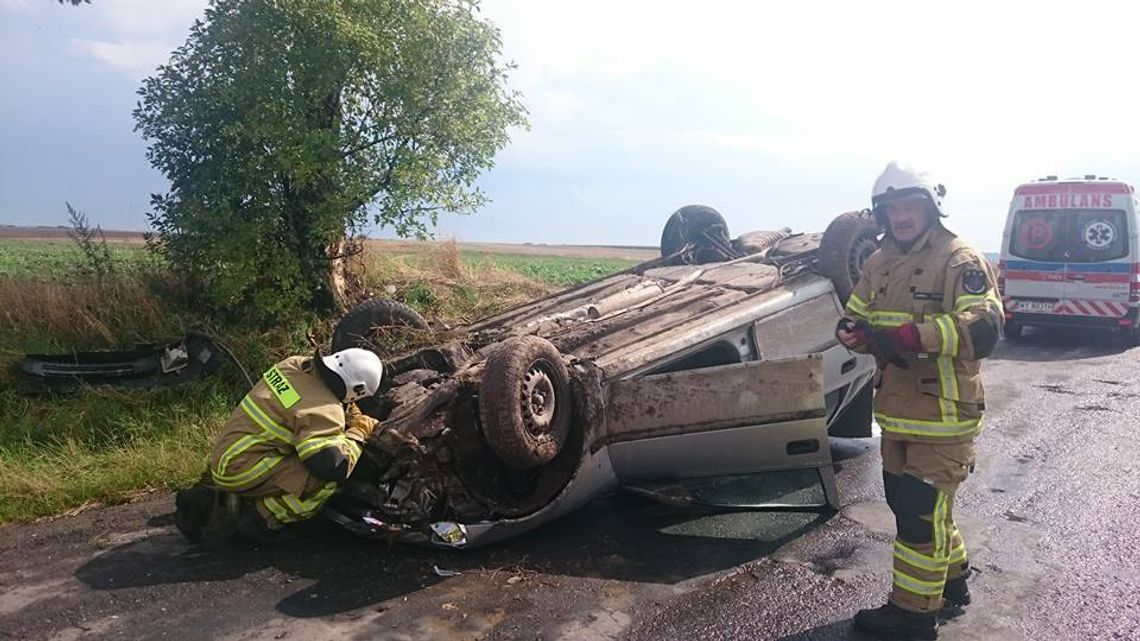 Uderzenie w drzewo i dachowanie. Osobówkę wyrzuciło z drogi na zakręcie. ZDJĘCIA