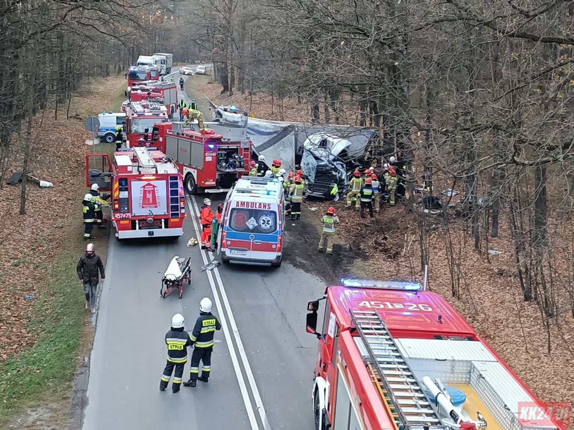 Zmiażdżona kabina ciężarówki po uderzeniu w drzewo. Koszmarny wypadek na DW 408. ZDJĘCIA