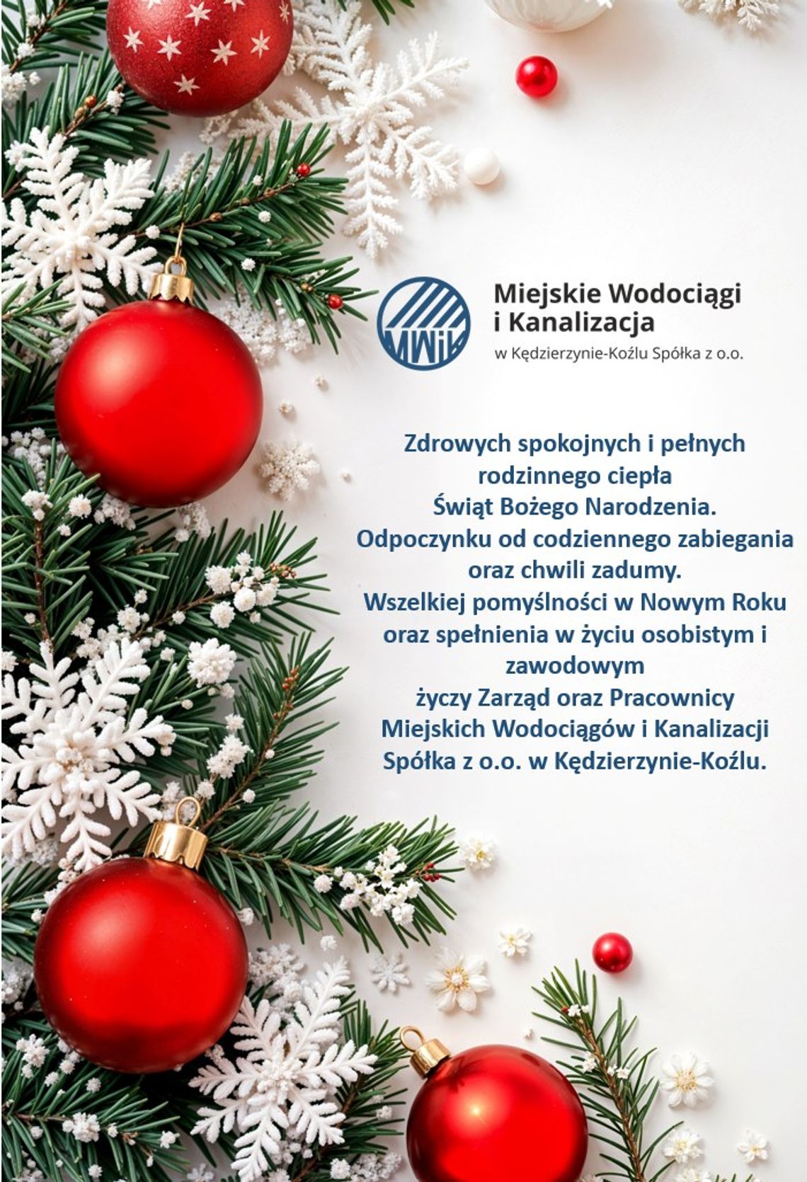 Życzenia bożonarodzeniowe i noworoczne Miejskich Wodociągów i Kanalizacji dla Czytelników KK24.pl