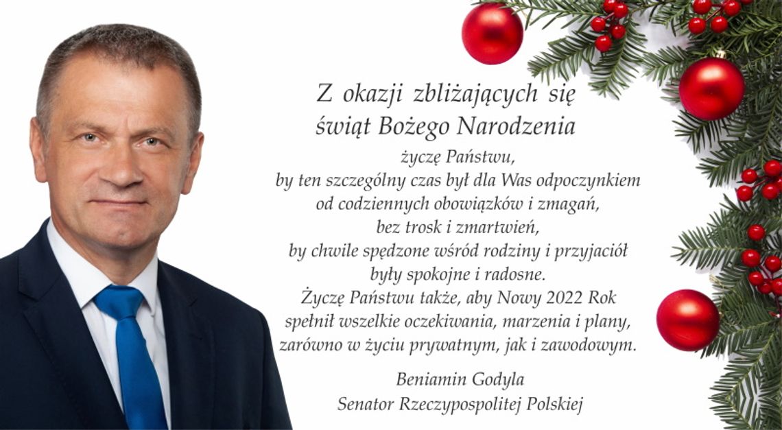 Życzenia bożonarodzeniowe i noworoczne senatora Beniamina Godyli dla Czytelników KK24.pl