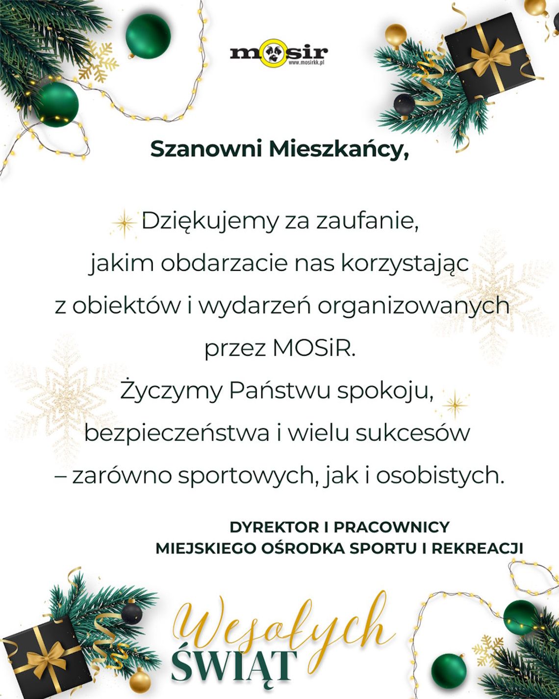 Życzenia świąteczne i noworoczne Miejskiego Ośrodka Sportu i Rekreacji dla Czytelników KK24.pl