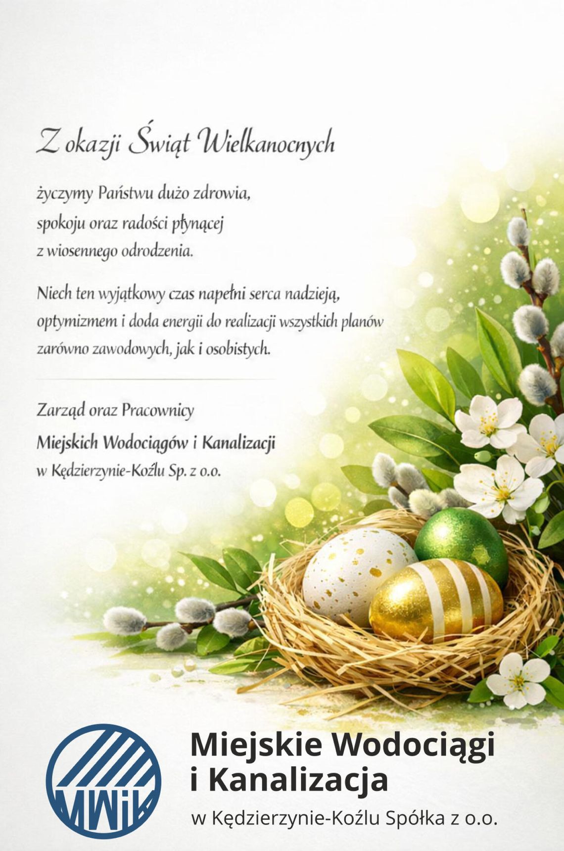 Życzenia wielkanocne spółki Miejskie Wodociągi i Kanalizacja dla Czytelników KK24.pl