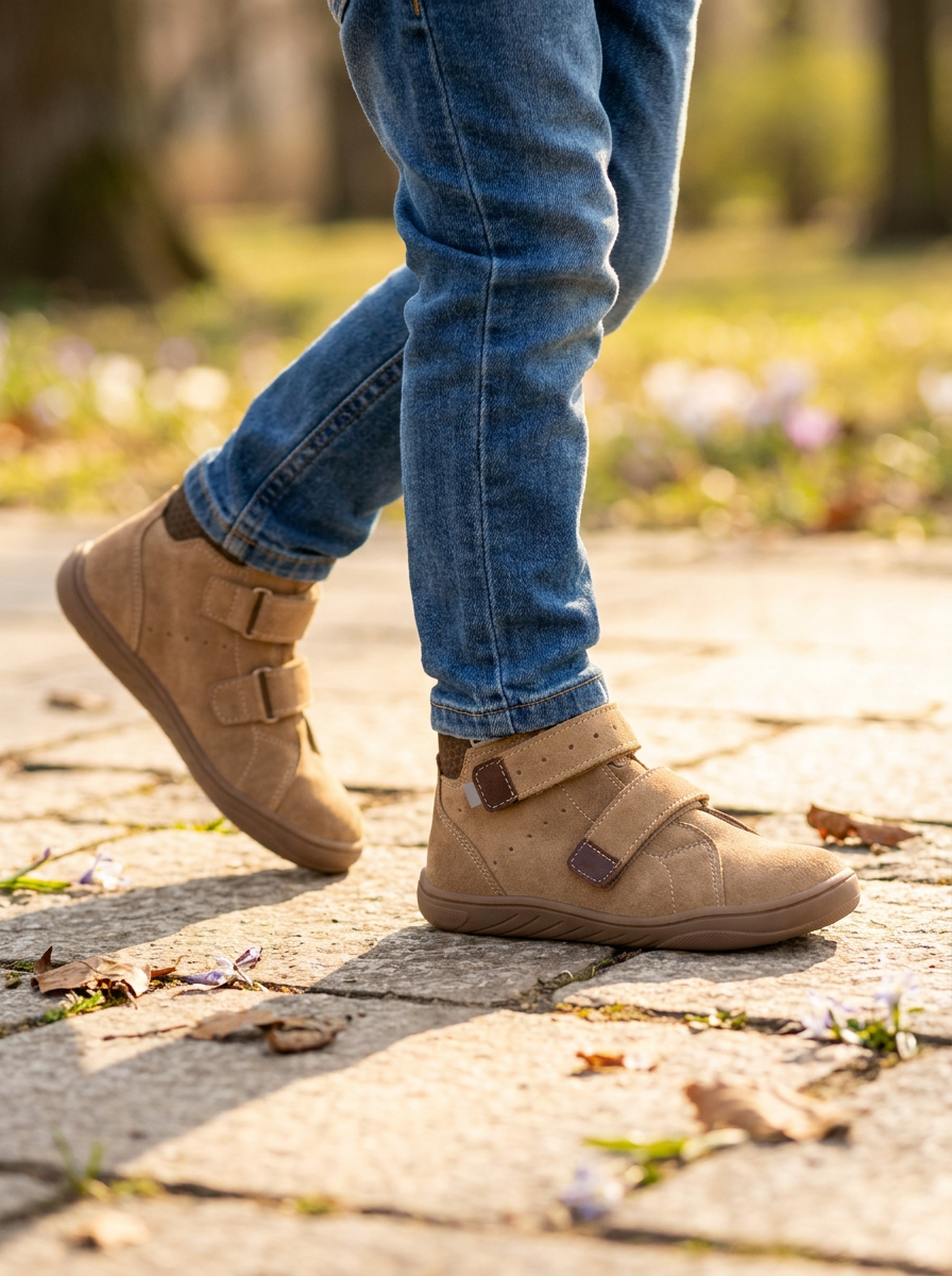 Dziecko w beżowych butach barefoot Bartek 86006-54 stojące na trawie — widok od kolan w dół eksponujący elastyczną podeszwę i szeroki nosek